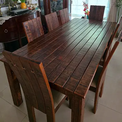 Solid Wood 8-Seater Dining Table with Chairs - Rustic Finish