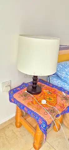 Lamp with white shade and dark brown colour wood decorated base