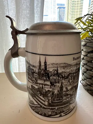 Vintage Ceramic Beer Stein with Pewter Lid and Basel Landscape Art