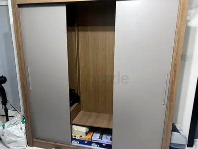 Wood Finish Sliding Door Wardrobe with Shelves - Good Condition