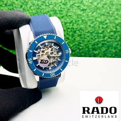 Blue Skeleton Dial Rado-Style Automatic Watch with Rubber Strap