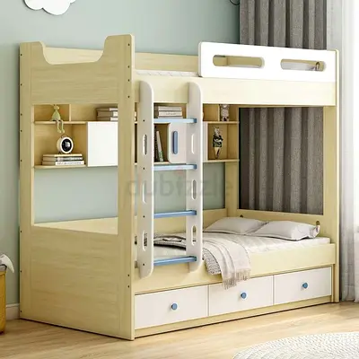 Solid Wood Bunk Bed with Built-in Shelves and Under-bed Drawers