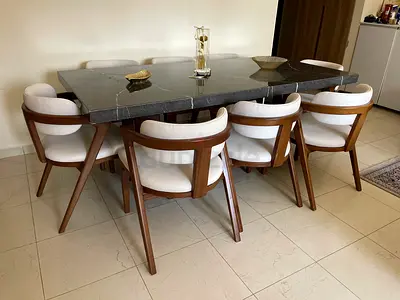 Solid Wood 8-Seater Dining Table with Marble pattern Top and Upholstered  modern Chairs 240x120 cm