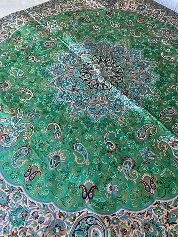 Green Persian silk table  Rug with Central Medallion