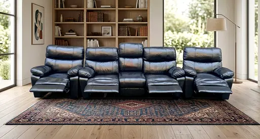 Dark Black Leather 4-Seater Reclining Sofa — Comfortable Family Seating