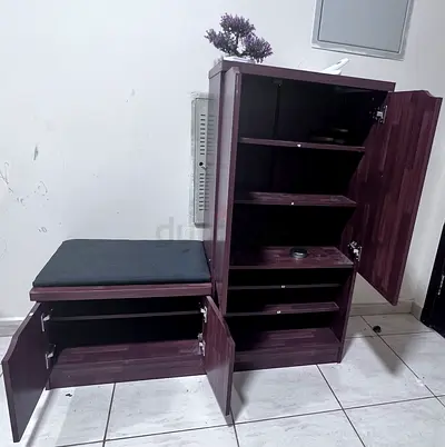 Wooden Shoe Cabinet with Bench - Dark Walnut, Good Condition