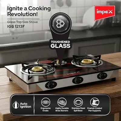 Impex Glass Top 3-Burner Gas Stove IGS 1213F - Toughened Glass