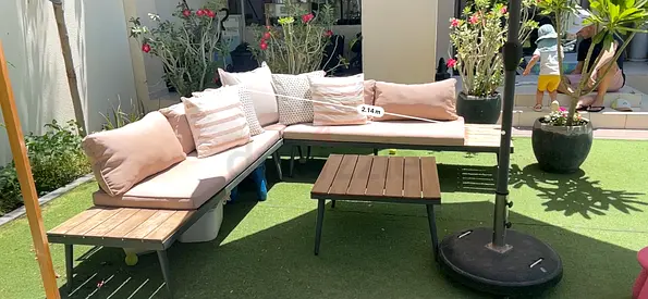 Outdoor L-shaped Sofa Set with Table and Umbrella - Good Condition