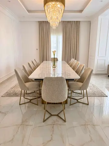 Avola Modern Marble-Top Dining Table with 12 Upholstered Chairs (Set)