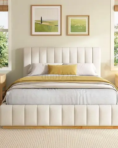 Upholstered King Size Bed Frame with Padded Headboard - Cream