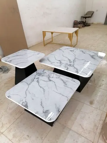 Custom MDF Coffee Table with Marble Laminate and Walnut Finish Accent