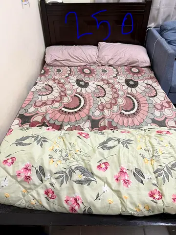 Wooden Double Bed Frame with Mattress and Bedding - Good Condition