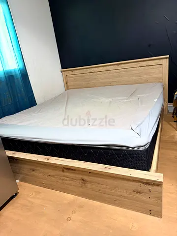 Queen wooden platform bed frame with headboard - used