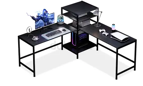 L-shaped Gaming/Study Desk with Central Shelves - Black