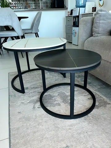 Set of 2 Round Nesting Coffee Tables – Black  White Marble Effect