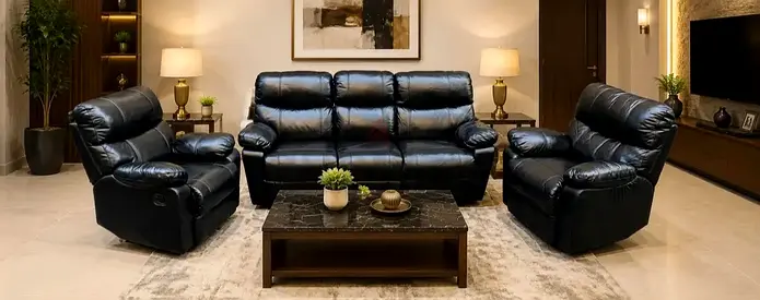 3-Seater Leather Sofa Set with 2 Recliners - Black