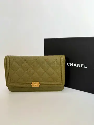 Authentic CHANEL BOY WALLET ON CHAIN IN KHAKI CAVIAR LEATHER WITH GHW