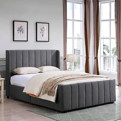 Gray Upholstered Queen Bed with Padded Headboard and Footboard
