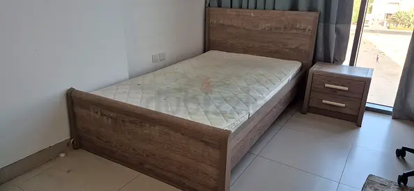 Single bed frame with mattress and bedside table - wood finish