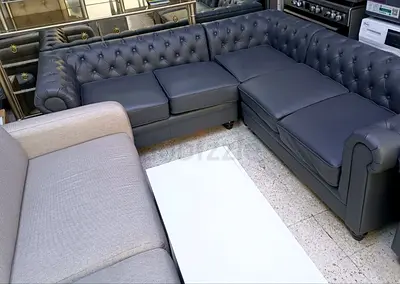 L-shaped Chesterfield Style Leather Sofa - Dark Grey, Good Condition