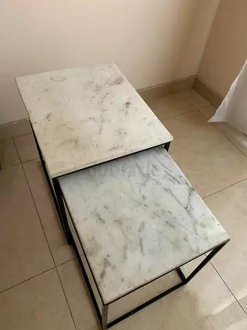 Set of 2 Marble Top Nesting Side Tables with Metal Frame