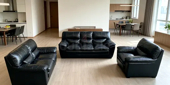 Black Leather 3-Piece Sofa Set — 3-Seater, 2-Seater and Armchair