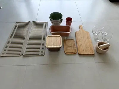 Kitchenware bundle: cutting boards, bowls, glasses  organizers