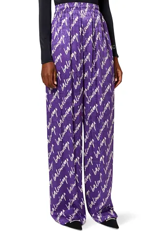 Balenciaga Purple Logo Printed Silk Wide Leg Pants