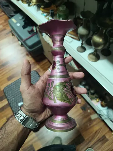 Small Decorative Vintage Brass Vase with Pink Enamel and Floral Motif