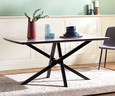 Modern rectangular dining table with metal cross legs - marble top