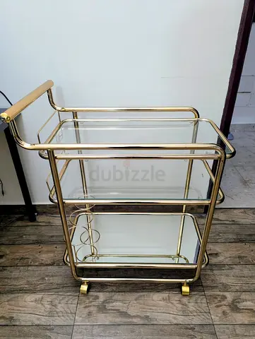 Gold Metal and Tempered Glass Cart / Trolley with Wheels, 3-Tier With Bottle Holder - For Quick Sale