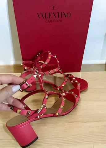 Authentic Valentino Rockstud Red Leather Strappy Block Heel Sandals - Size Unknown