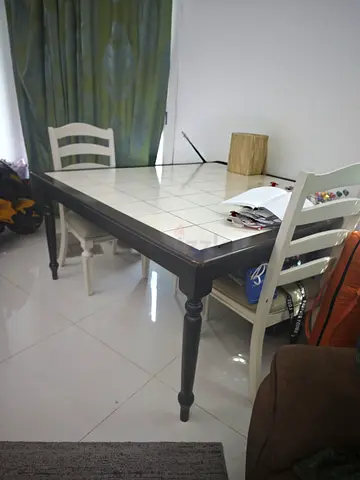 6 seater Wooden Dining Table with Tiled Top and 4 Chairs — Good Condition