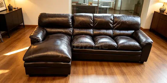 Dark brown leather L-shaped sofa with chaise - comfortable 3-seater