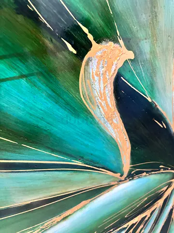 Abstract teal and gold fluid acrylic painting, framed-ready