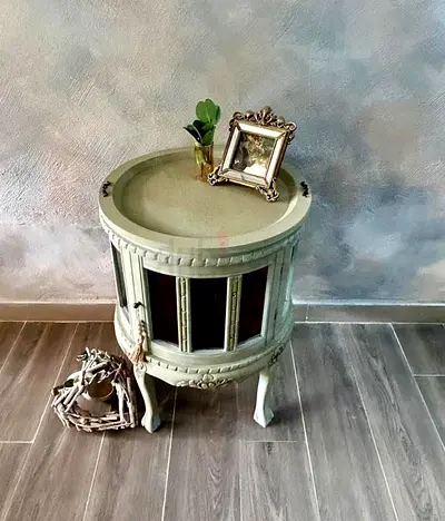 Vintage round bedside table / small display cabinet - distressed cream finish