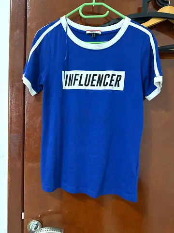 Blue and White Ringer T-shirt with Influencer Graphic
