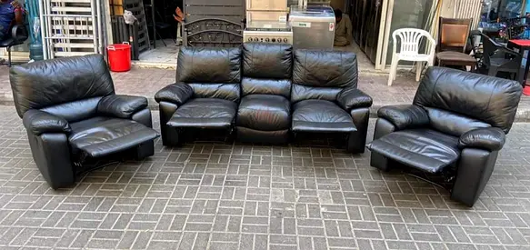Black Leather 3-Seater Recliner Sofa with 2 Recliner Armchairs