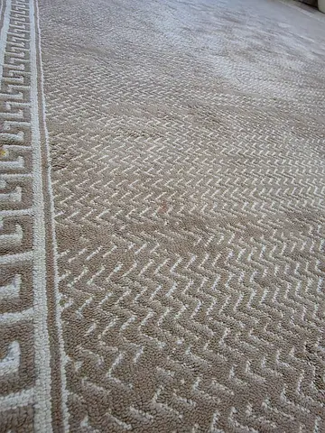 Beige textured area rug with geometric border - very good condition