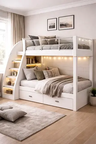 White wooden bunk bed with storage drawers and stairs