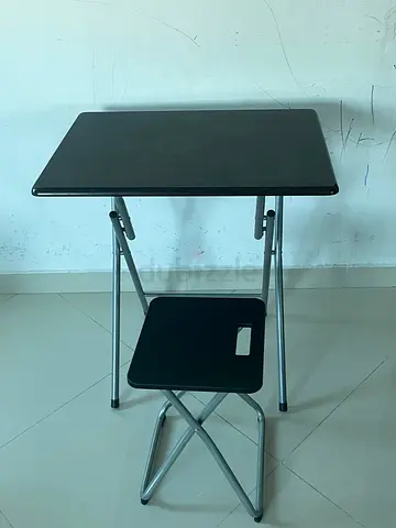 Compact Folding Study Table with Matching Stool - Black