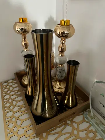 Set of Decorative Gold Vases on Matching Tray