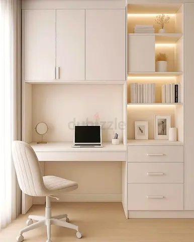 Built-in white study desk with overhead cabinets and shelving