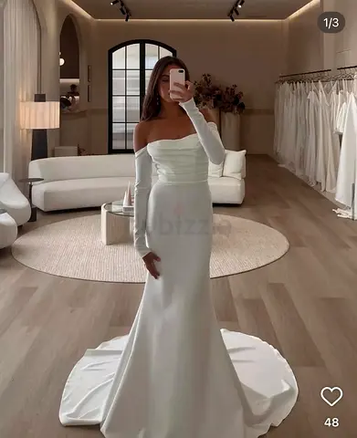 White Bridal Gown with Long Train and Off-Shoulder Sleeves a Australian designer - Made with Love