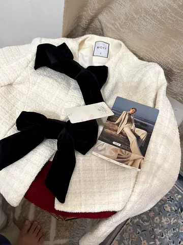 MOTF White Tweed Jacket with Black Velvet Bow Details
