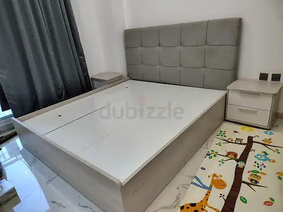 King Size Platform Bed with Upholstered Headboard and Matching Nightstands + Mirror dressing