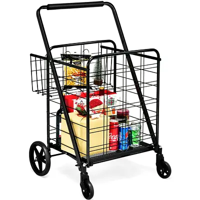 Folding Metal Grocery Shopping Cart with Wheels