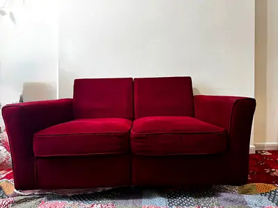 Deep Red Two-Seater Velvet Sofa, Good Condition
