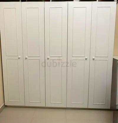 White 5 Door Wardrobe, kind size bed (without mattress, 2 side tables