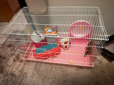 Hamster cage with food and toys and bathing sand